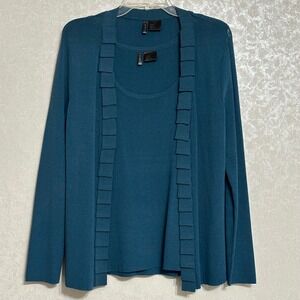 Etoile Open Front Cardigan Sweater Tank Top Set Teal Blue Ruffle Trim Knit M / L